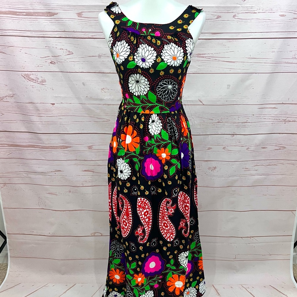 Vintage Bright Retro Neon 60’s Mod Floral Paisley Overall Backless Maxi Dress - Picture 3 of 12